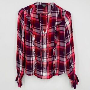 Express Size XS Pink & Red Plaid Button Down Ruffle Detail Long Sleeve Top